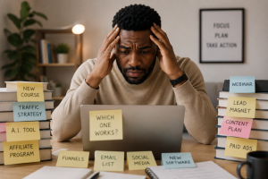 Overwhelmed Black entrepreneur learning to be productive online instead of staying busy.