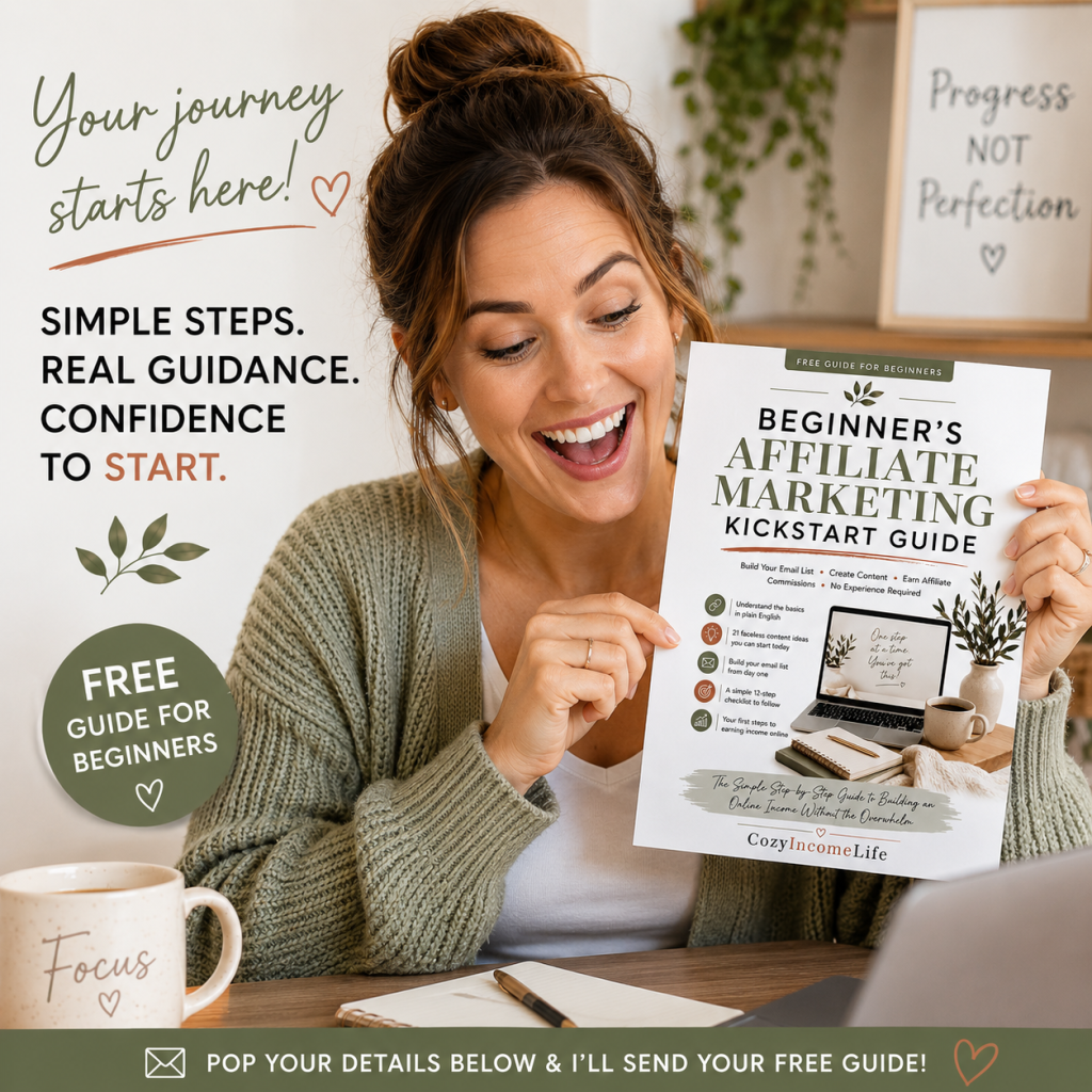 Woman holding the Beginner's Affiliate Marketing Kickstart Guide PDF and smiling