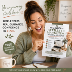 Woman holding the Beginner's Affiliate Marketing Kickstart Guide PDF and smiling